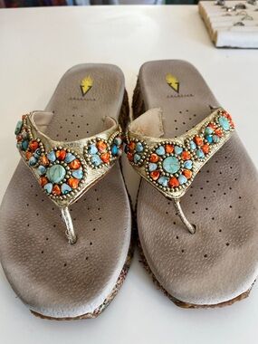 Volatile Gold Wedge Thong Sandals with Turquoise & Coral Beading size 9